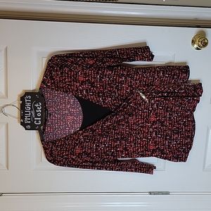 Notations Blouse XL Black Red White Wrap Beaded Accent